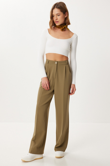 Pleated Woven Palazzo Pants Ldw0010 Olive Green