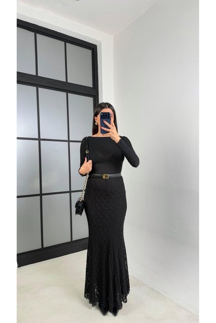 Black Maxi Length Fully Lined Lace Skirt Gaus-00714