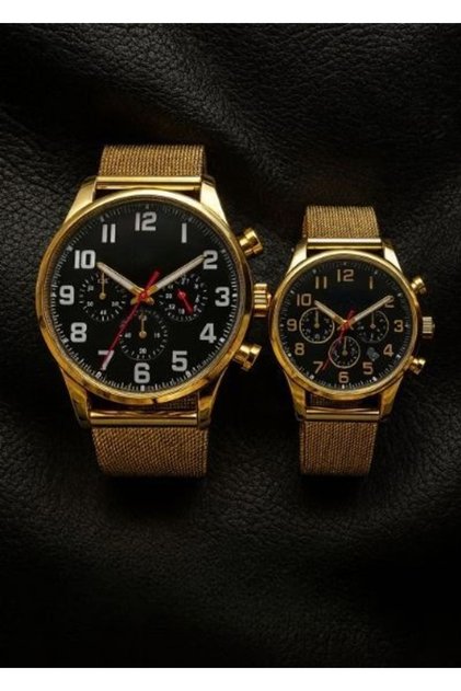 Set Ceasuri Premium pentru Cuplu – Black Dial & Golden Mesh