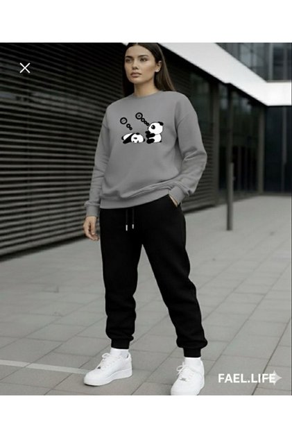 Zero Collar Sweatshirt Winter Cotton Lazy Panda Printed Tracksuit Set Loose Fit