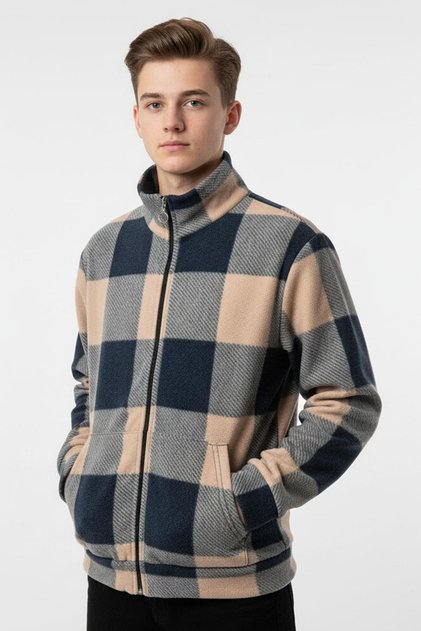 Plaid patterned zippered stand collar kangaroo pocket boys' cardigan