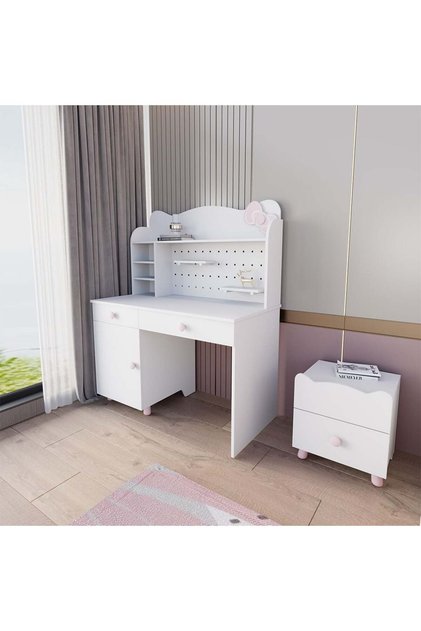 Kitty 2-Drawer 1-Door Kids Study Desk & Hutch with USB - White & Pink, Engineered Wood, 120x60cm