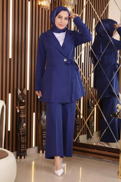 Costum cu detaliu de centură Indigo MSW19106-2