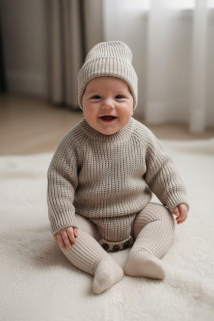 Baby Girl-Boy Stitch-Free Oversized Knitwear Sweater and Hat Set - Buttoned Bottom Raglan Sleeve 2-Piece Set