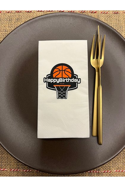 Basketbol Temalı Happy Bırthday Baskılı Sunum Peçetesi Beyaz 16 Adet
