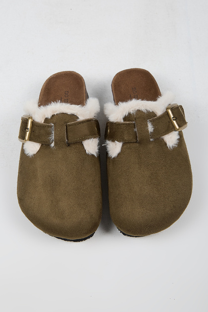 Cancun Fur Women's Vegan Leather Buckle Khaki Sabo Slippers