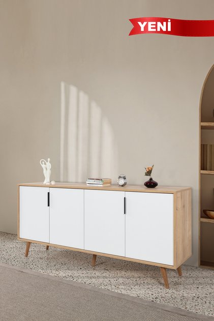 Sırma 180 Cm Ahşap Ayaklı Metal Kulplu 4 Kapaklı Çok Amaçlı Konsol Safir-Beyaz 4815