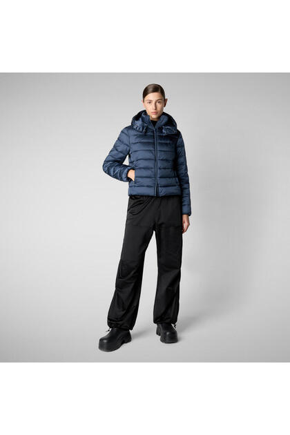 Liana Kadın Kapüşonlu Şişme Mont, Parlak Kumaş, Kalın, Crop Size Fit, Koyu Mavi