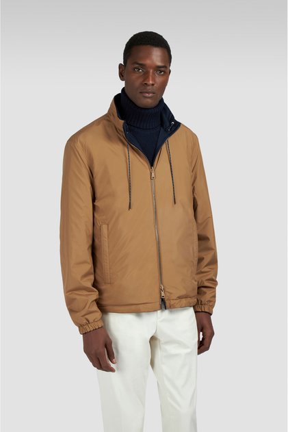 Men's Regular Fit Mock Neck Wool & Silk Content Reversible Brown-Blue Jacket 15312625-627