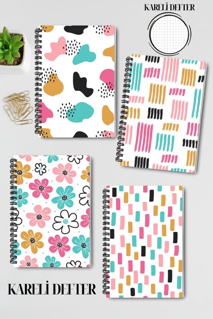 Cute Doodle Patterned Design Wire Spiral A5 Squared 4-Piece Souvenir, Memory, School Notebook Set