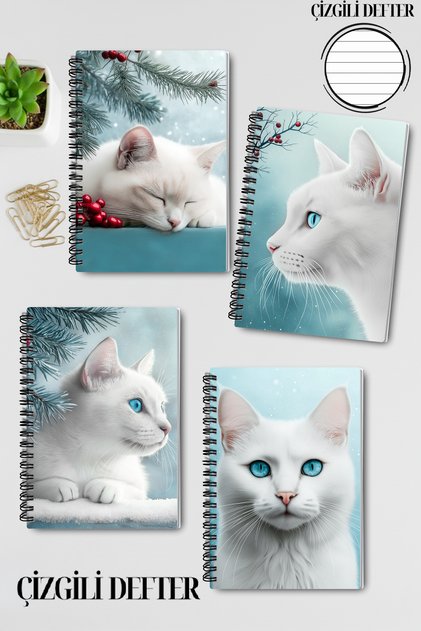 White Cat Winter Themed Design Wire Spiral A5 Lined 4-Piece Souvenir, Memory, School Notebook Set