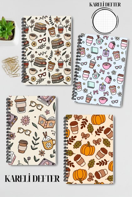Autumn Book Coffee and Flower Themed Design Wirebound A5 Grid 4-Piece Souvenir, School Notebook Set
