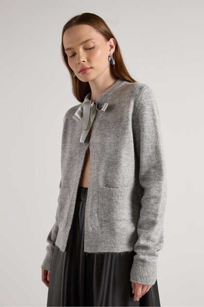 Women's Gray Ribbon Detailed Short Design Cardigan 30034