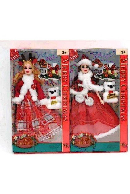 Set of 2 Christmas-Themed Fashion Dolls with Santa Dresses & Plush Bears