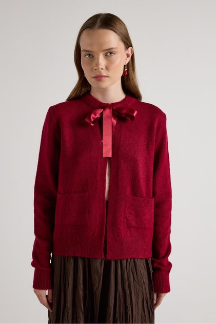 Women's Burgundy Ribbon Detailed Short Design Cardigan 30034