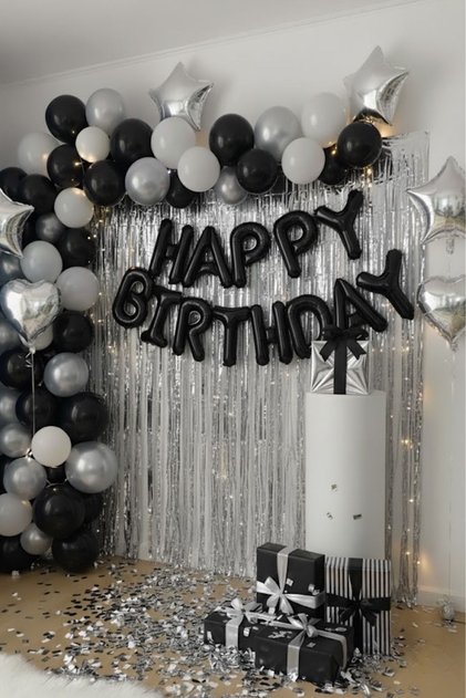 Black Happy Birthday Foil Balloon Set Black Silver Birthday Party Set Decorations