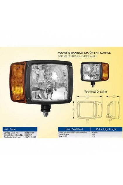 Jcb-Volvo-Cat İş Makinası Komple Ön Far Sinyalli Sol Ön Far