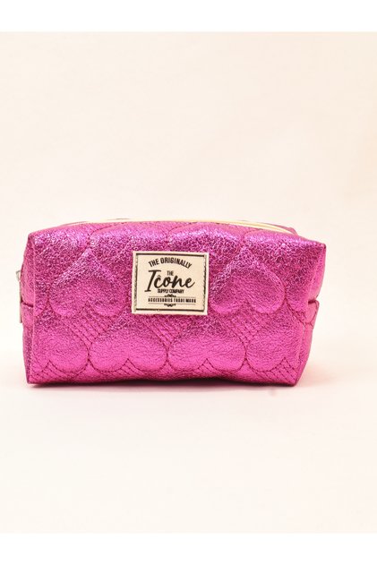 Heart Quilted Embroidered Metallic Colored Makeup Bag