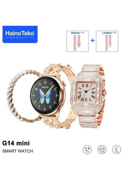 Haino Teko G14 Mini Smartwatch Combo for Women – Gold, Analog Watch & Bracelet