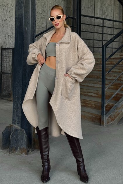 Beige Jacket Collar Long Sleeve Buttoned Pockets Unlined Oval Hem Boucle Casual Oversized Woven Coat 97 66