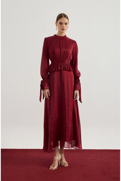 Burgundy Ruched Detail Janjan Dress