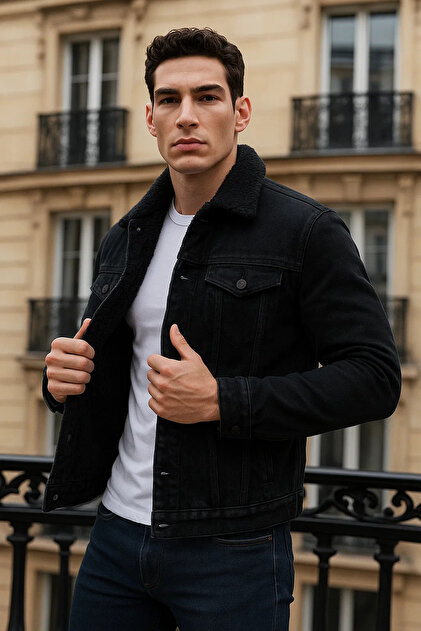 Men's Winter Casual Plush Fur Inside Black Denim Jacket