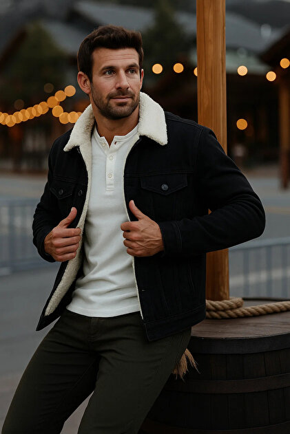 comstar Men's Winter Thick Casual Fur Lined Black Denim Jacket