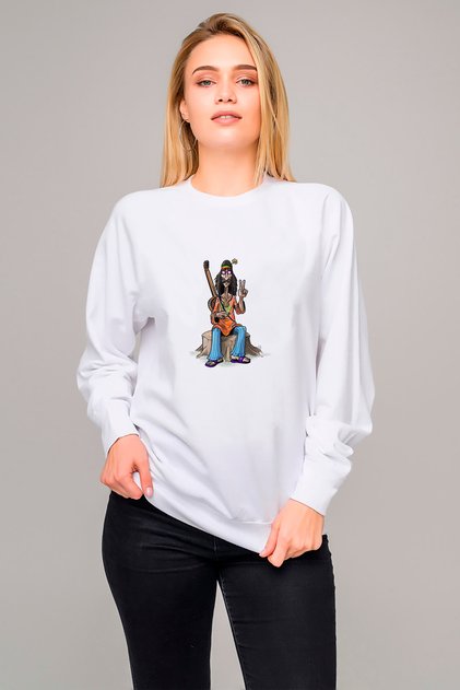 Musician Hippie Drawing Cartoon Peace Symbols Printed White Women's Knitted Sweatshirt Long Sleeve