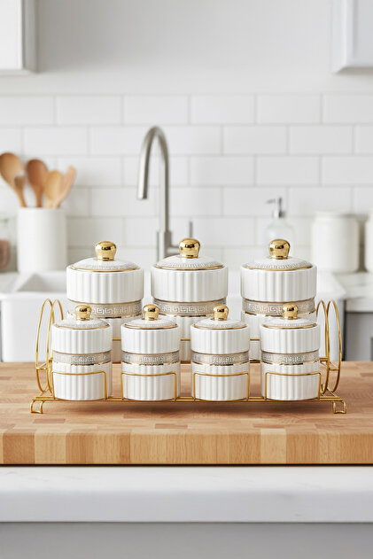 Vadi Enzo Elegant Gold Detaylı Metal Standlı 7'li Beyaz Porselen