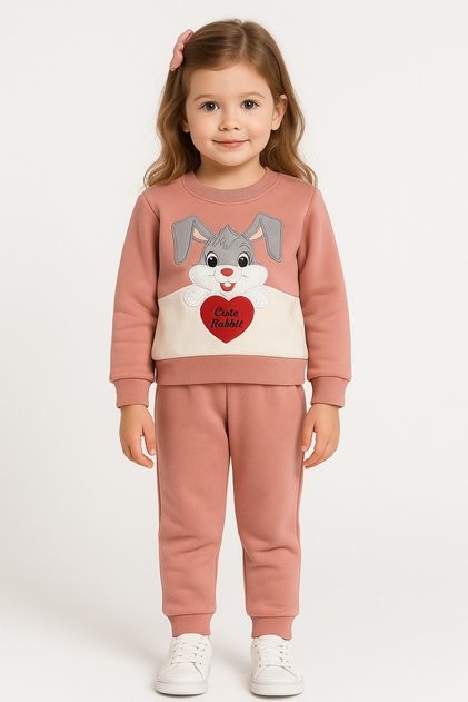 Rabbit Embroidery Detailed Girls' Fleece Set