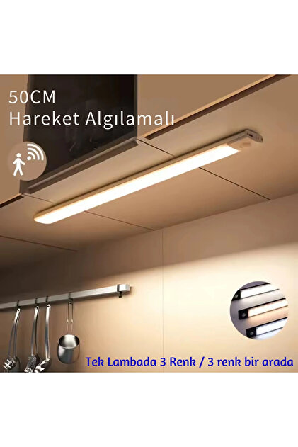 50 cm Manyetik Şarjlı LED Dolap/Tezgâh Altı Lamba Hareket Sensörlü 3 Renk Kısılabilir USB