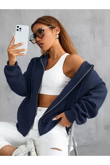 Women's Oversized Navy Blue Zipper Hoodie Streetwear Hooded Cardigan