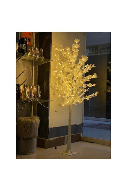 Brad decorativ cu frunze și LED-uri, 150 cm, alimentat prin USB, alb