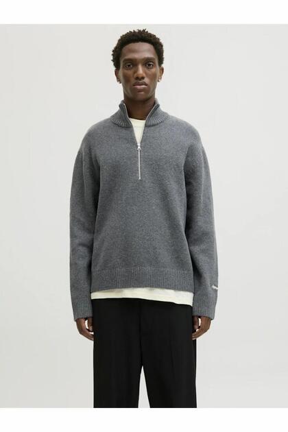 Jack & Jones Erkek Gri Jornorrebro Knit Half Zip Sn Kazak & Hırka