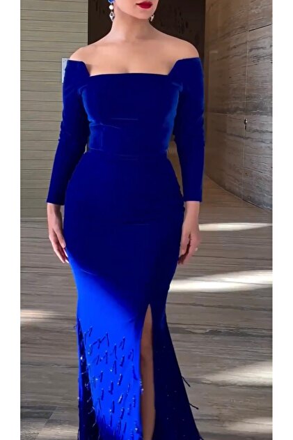 Navy blue winter dress in velvet fabric