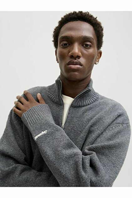 Jack & Jones Erkek Gri Jornorrebro Knit Half Zip Sn Kazak & Hırka