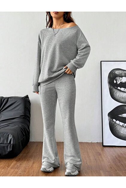 Women's Relaxed Fit Bottom Top Set - Sweat & Flared Sweatpants, Two Thread Fabric