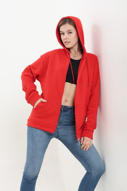 %100 Pamuk Şardonsuz 3 iplik Oversize Geniş Kalıp Fermuarlı Kapüşonlu Kangru Cepli Sweatshirt Hırka