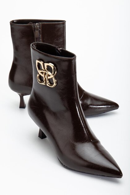 Brown Women's Thin Heeled Boots with Accessories Pointed Toe