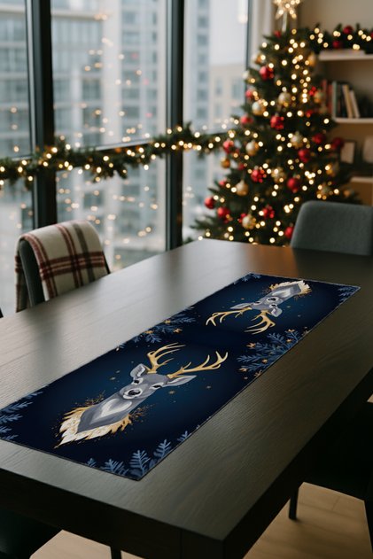 Navy Blue Deer Pattern Christmas Themed Runner Tablecloth – Premium Digital Printing, Luxurious Tableware Decor