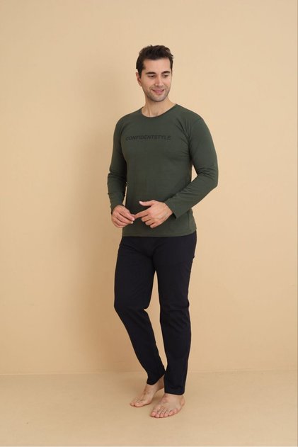 Erkek Esnek Kumaşl Uzun Kollu Erkek Pijama Takımı