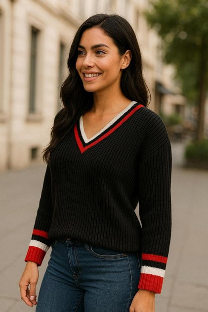 Classic Model V-Neck Luxury Women's Knitwear Sweater Blouse with Stripe Detail