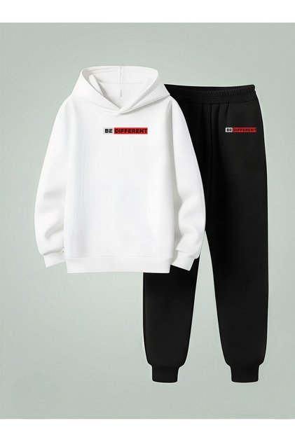 Boy's Hooded Set Different Printed 3 Thread Ş Fleece-Lined Sweatshirt - Tracksuit Set