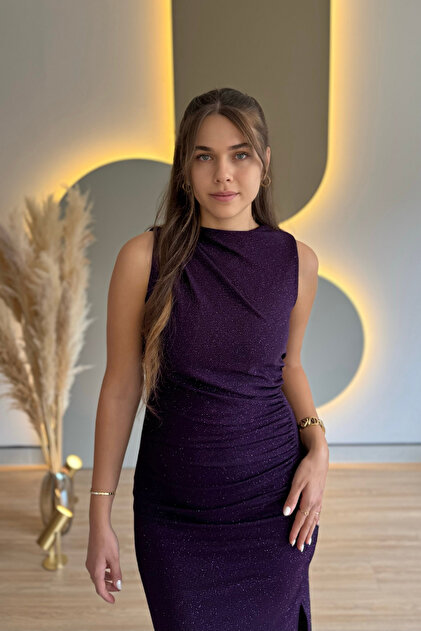 Aventien Draped Slit Glitter Purple Midi Dress- Trendyol