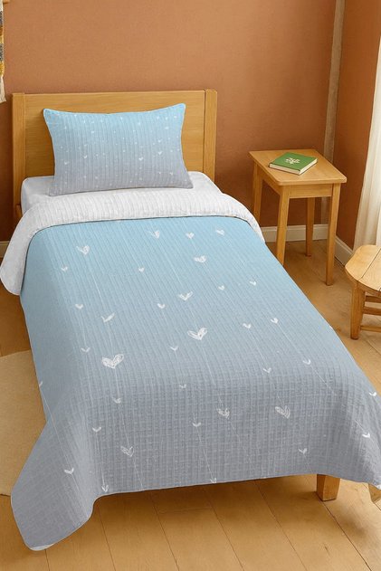 100% Cotton Blue Gray Transitional Hanging Hearts Patterned Single Person Pike Set