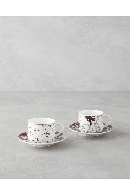 Feline New Bone China 4 Piece Coffee Cup Set for 2 People 100 ml Brown