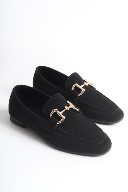 Women's Loafer Ballet Flats with Buckle Black Suede