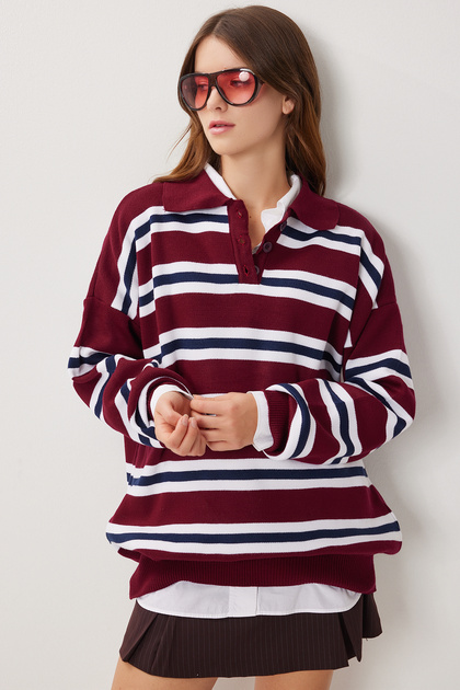 Lovelyİstanbul Polo Yaka Çizgili Oversize Triko Kazak LİY0014