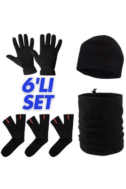 Men's Black Winter 3 Pairs Towel Socks Fleece Gloves Fleece Beanie Fleece Drawstring Neck Gaiter Set of 6