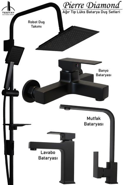 Mat Siyah Lavabo Banyo Mutfak Bataryası Robot Duş Seti Siyah Banyo Seti Armatür Musluk Batarya